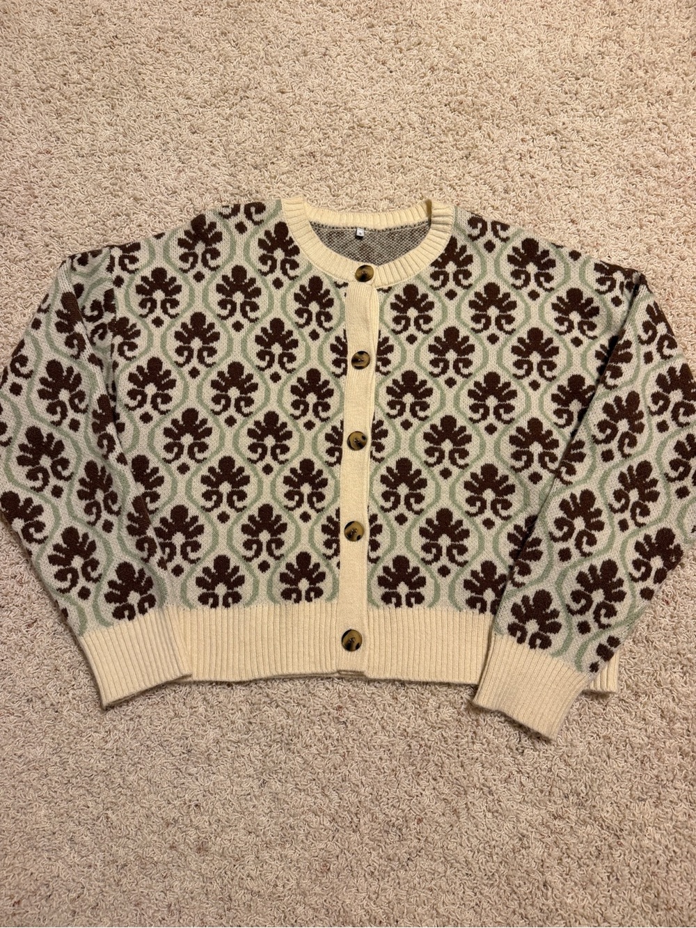 Amazon Cream Cardigan Sweater with Brown Floral Pattern and Green Accents